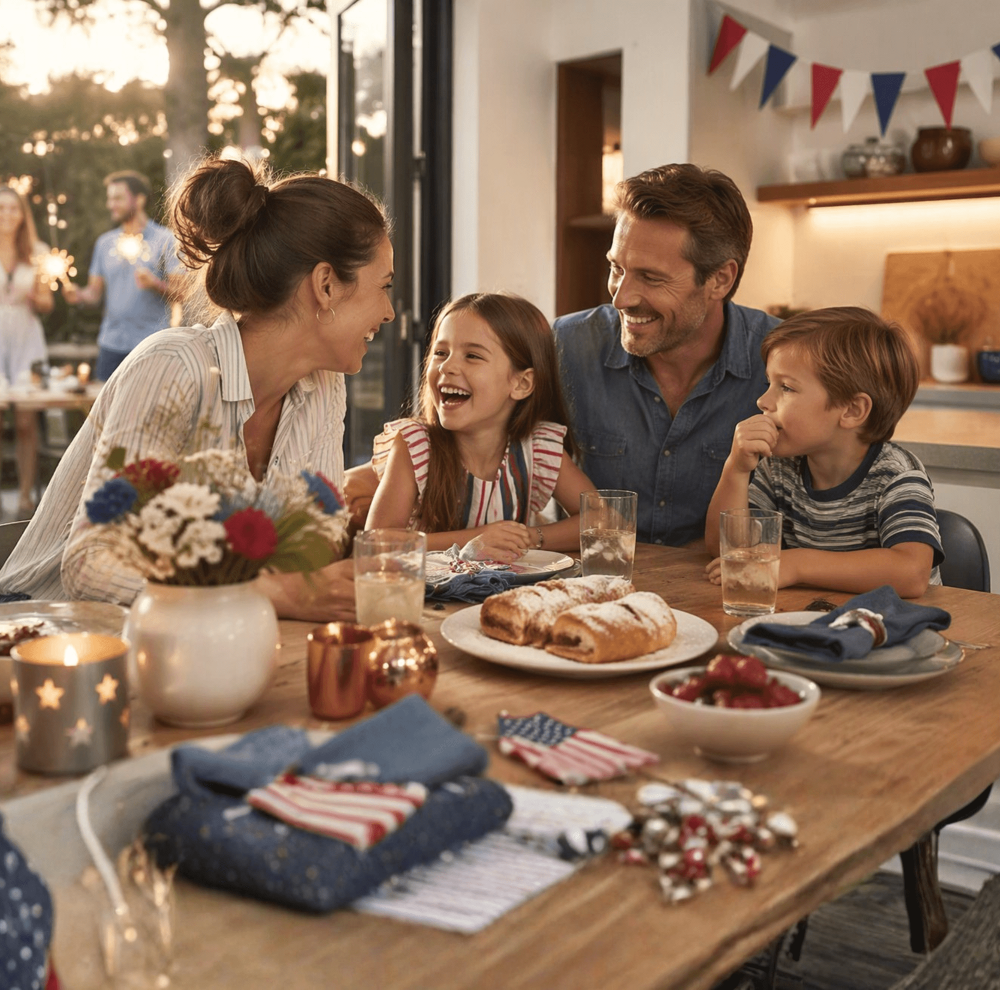 Family enjoying apple strudel at a modern kitchen table with 4th of July decorations and golden hour light