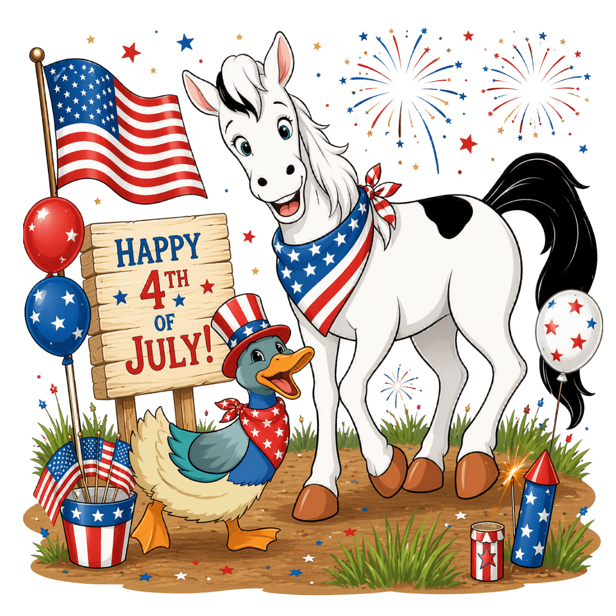 Cartoon illustration of a cheerful horse and smiling duck wearing a bandana, standing together with subtle red, white, and blue 4th of July accents.