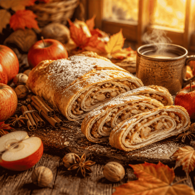 Fall & Octoberfest Gatherings Ood Authentic German apple strudel dusted with powdered sugar and served on a rustic wooden table surrounded by apples, cinnamon sticks, autumn leaves, and a steaming mug of coffee.