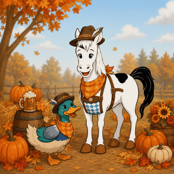 Fall Oktoberfest Strudel Favorites Oodles of Strudel Cartoon horse and duck wearing Oktoberfest outfits surrounded by pumpkins, fall leaves, and autumn decorations celebrating fall gatherings and Oktoberfest season.